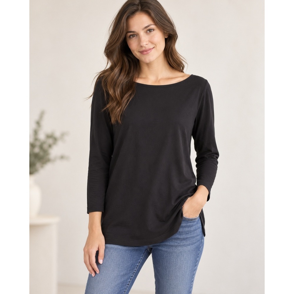 LL Bean Black Supima Cotton Modal Top Effortless Smart Casual 3/4 Sleeve  L